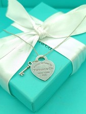 Return to Tiffany & Co Silver Heart Tag & Silver Key Necklace 19"Genuine