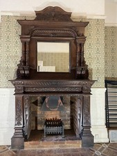 V LARGE CARVED SOLID OAK ANTIQUE FIRE SURROUND OVERMANTEL FIREPLACE RECLAIMED