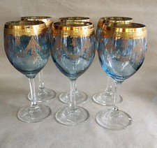 Vintage J PREZIOSI LAVORATO A MANO ITALY 6 Crystal GOLD Rim Goblet Glasses