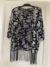 Superdry Navy & White Floral Print Kimono Boho Cardigan With Tassels Size Medium