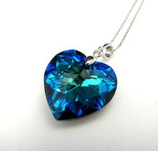 925 SOLID Sterling Silver Swarovski Elements Crystal Heart Necklace Bermuda Blue