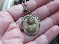 Victorian Carved Lava Cameo and Silver Pendant