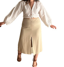 Massimo Dutti Beige Cream Micro Twill Split Midi Skirt Size Large NEW