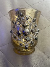 Gold Mercury Glass Candle Holder with Beaded Swirl Embellishment 4”