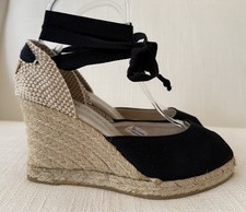Russell & Bromley Eye Candy Black Fabric Espadrille Wedges Ankle Tie Size 36 NEW