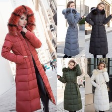 Women Winter Fur Long Quilted Parka Warm Puffer Ladies Padded Hooded Jacket Coat