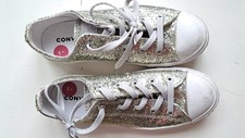 CONVERSE junior girls UK size 3 SILVER glitter white low top lace up TRAINERS