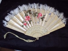 Antique  12" Bone & Fabric Handpainted Feathered Fan c 1900