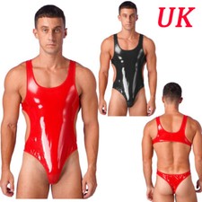 UK Men Bodysuit One-Piece High Cut Thong Leotard Deep U-Neck Shiny PVC Jumpsuit