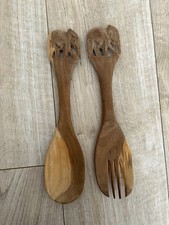 Vintage Hand Carved African elephant Wooden Salad Serving Spoon Set