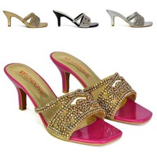 Womens Slip On Kitten Low Heel Sandals Ladies Sparkly Diamante Shoes Size 3-8