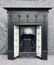 TILED VICTORIAN ART NOUVEAU STYLE CAST IRON FIREPLACE FIRE SURROUND / SOLID FUEL