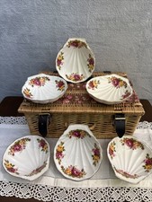 Vintage Cottage Rose Serving Dish x 6 Shell Shaped Fine Bone China 12cm x 14cm