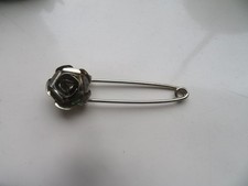 'Silver' rose large safety pin brooch