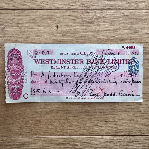 Vintage bank cheque 1932 - bank,