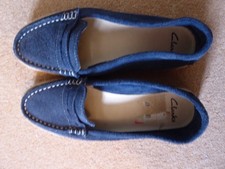 Clarks Navy Blue Suede Loafers Ladies Shoes Size 3 Moccasins (c)