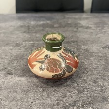 Folk Art Pottery Vase Hand Carved Sea Turtles Deco Vase Candle Stick Holder