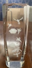 Laser Etched Crystal Glass Faceted Square Column Paperweight Birds & Flowers