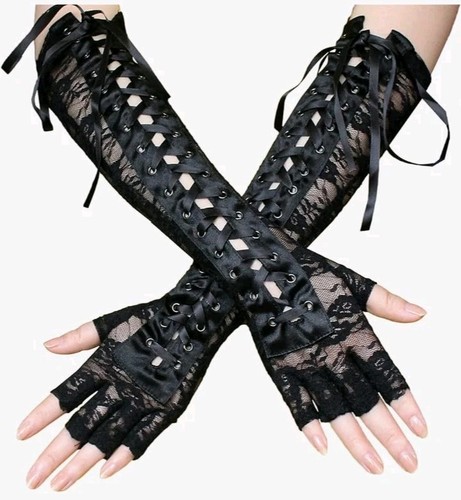 Long black goth gloves lace - long,