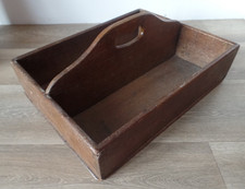 ANTIQUE WOODEN OAK CUTLERY TRAY HOLDER RACK WITH HANDLE VICTORIAN PERIOD