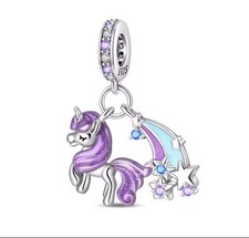 925 Sterling Silver Purple Unicorn Rainbow Original Charm For Bracelet Pendant