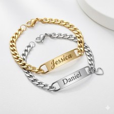 Mens Cuban Link ID Bracelet Stainless Steel Engravable Plate, Gold/Silver Finish