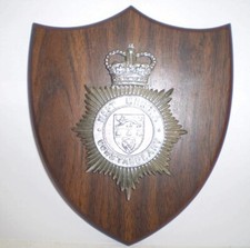 Police cap badge on wooden