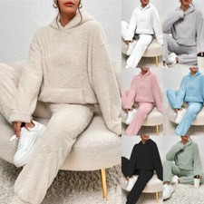 2Pcs Womens Fleece Fluffy Sleepwear Ladies Hooded Tops+Trouser Pajamas Sets Pjs