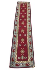 Vintage Hand Made Afghan Oriental Red Blue Wool Narrow Runner 304x68cm