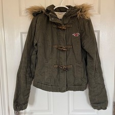 Vintage army khaki green Hollister jacket faux fur hood early 2000 sought after!