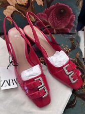 ZARA Red Faux Patent Heeled Slingback Buckled Shoes Size UK 6 EUR 39 US 8