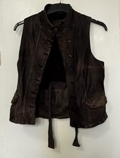 All Saints U-Sprey Brown Leather Distressed Button Up Gillet/Waistcoat Size 10
