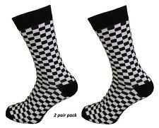 Mens 2 Pair Pack Black and White Check Retro Socks