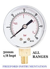 Pressure Gauge 50mm 1/8 BSPT Vertical All Ranges 15 TO 300 PSI & Bar 2.5% Acc.