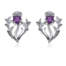 Scottish sterling silver thistle earrings with purple amethyst stone in gift box