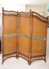 Vintage Boho 1970s Bamboo Wicker Cane Three Panel Folding Screen /Room Divider