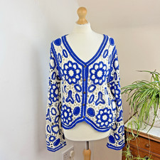 Wild Flower Crochet Cardigan Size M / L Blue Beige Festival Boho Cottagecore