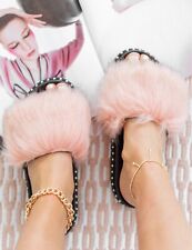 LADIES WOMENS FAYUX FLUFFY FUR STUDS SLIDERS WARM FASHION SLIPPERS SHOES SIZE UK