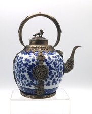 Chinese Tibetan White Metal Mounted Porcelain Teapot 20th Century.