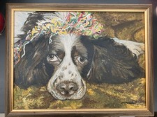 Vtg Original Oil Painting Springer Spaniel Dog Colourful Party Hat Animal Art