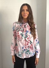 Monsoon Pastel Pink  Floral Satin  Pussybow Blouse Size 10- 22