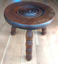 Vintage French milking stool, 3 bobbin turned legs, rustic, bullseye carved seat