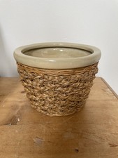 Vintage Stoneware Planter Wicker Wrapped Ceramic Retro Plant Pot Large 