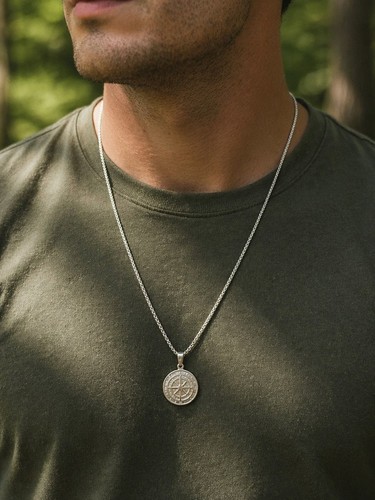 Men silver compass pendant - men's,