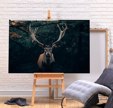 RED STAG 1 - DEEP FRAMED CANVAS WALL ART PICTURE PRINT- BROWN GREEN BLACK