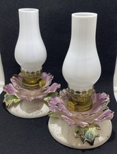 Vintage Mini Oil Lamps - Purple Flowers with Gold Accents - Milk Glass Hurricane