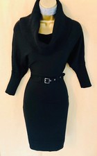 Karen Millen Dress Size 1 UK Size 8-10 Black Cowl Neck Belted Wool Knit Dress