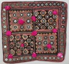 Antique Indian Banjara Mirrorwork Embroidered Cushion Cover 23x21cms 