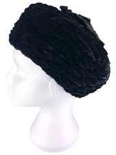 Vintage Jan Dec Pillbox Hat Womens Black Crushed Velvet Ribbon Detail 1950s Prop
