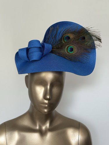 Royal blue peacock feather hat - blue,